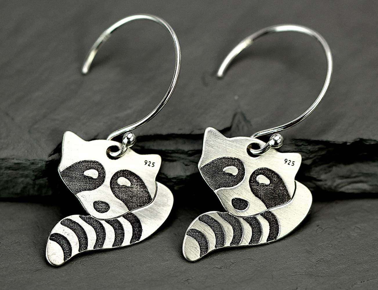 Racoon earrings. Sterling silver dangling racoon face and tail earrings.